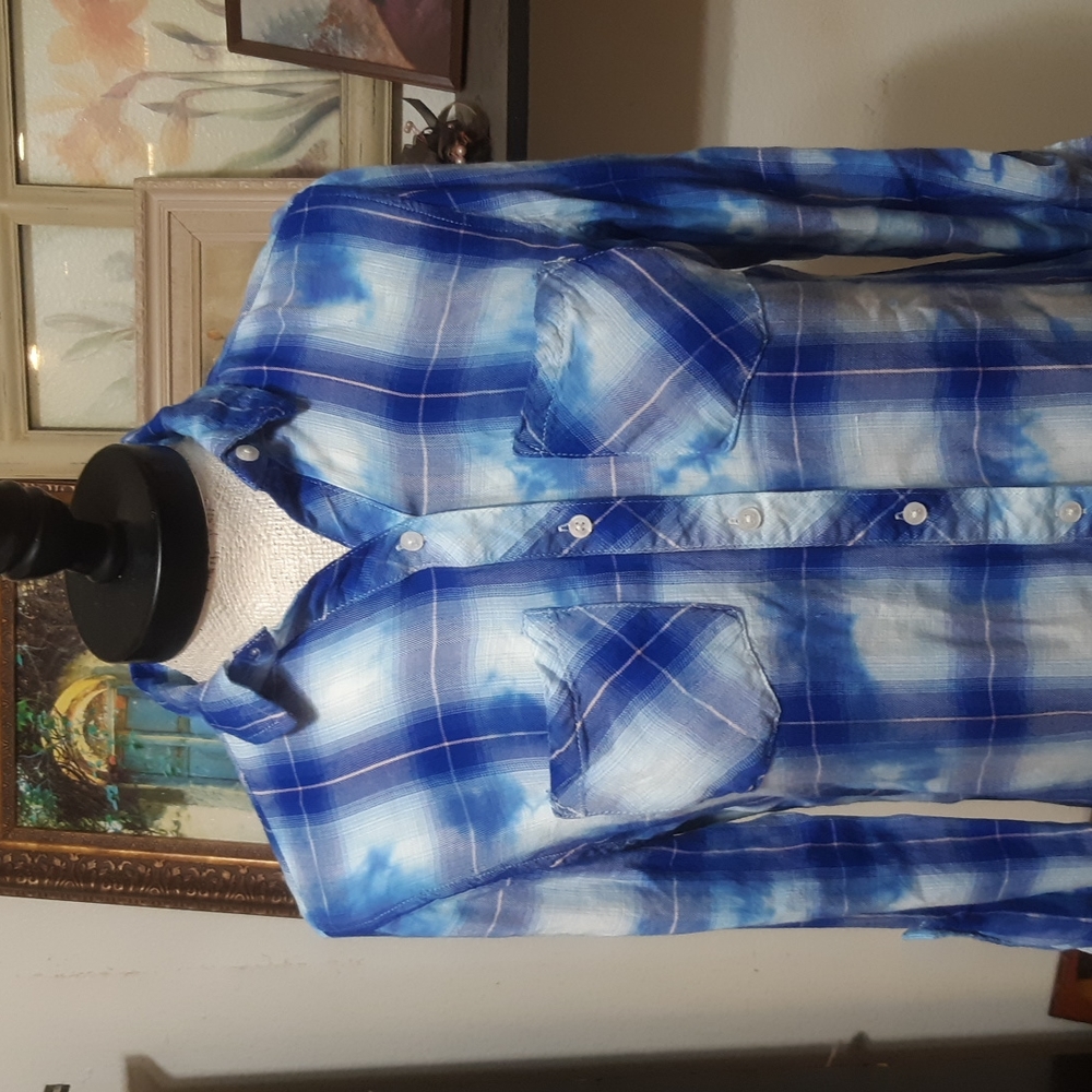 Womens Blue White Plaid Button up Collared shirt Sz XS A.N.A Long sleeve